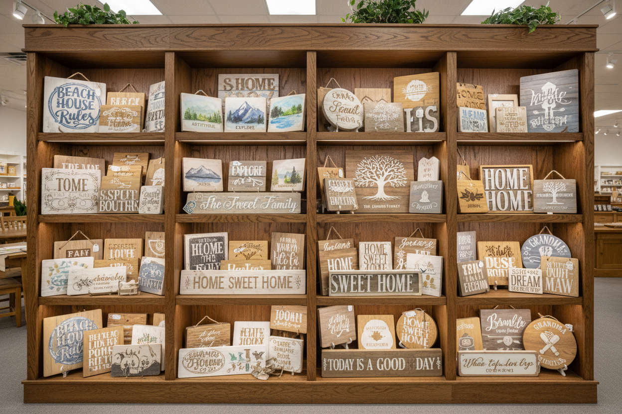 large display of craft plaques signs