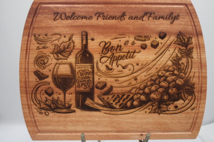 Wooden cutting board with engraved wine and food-themed design and text.